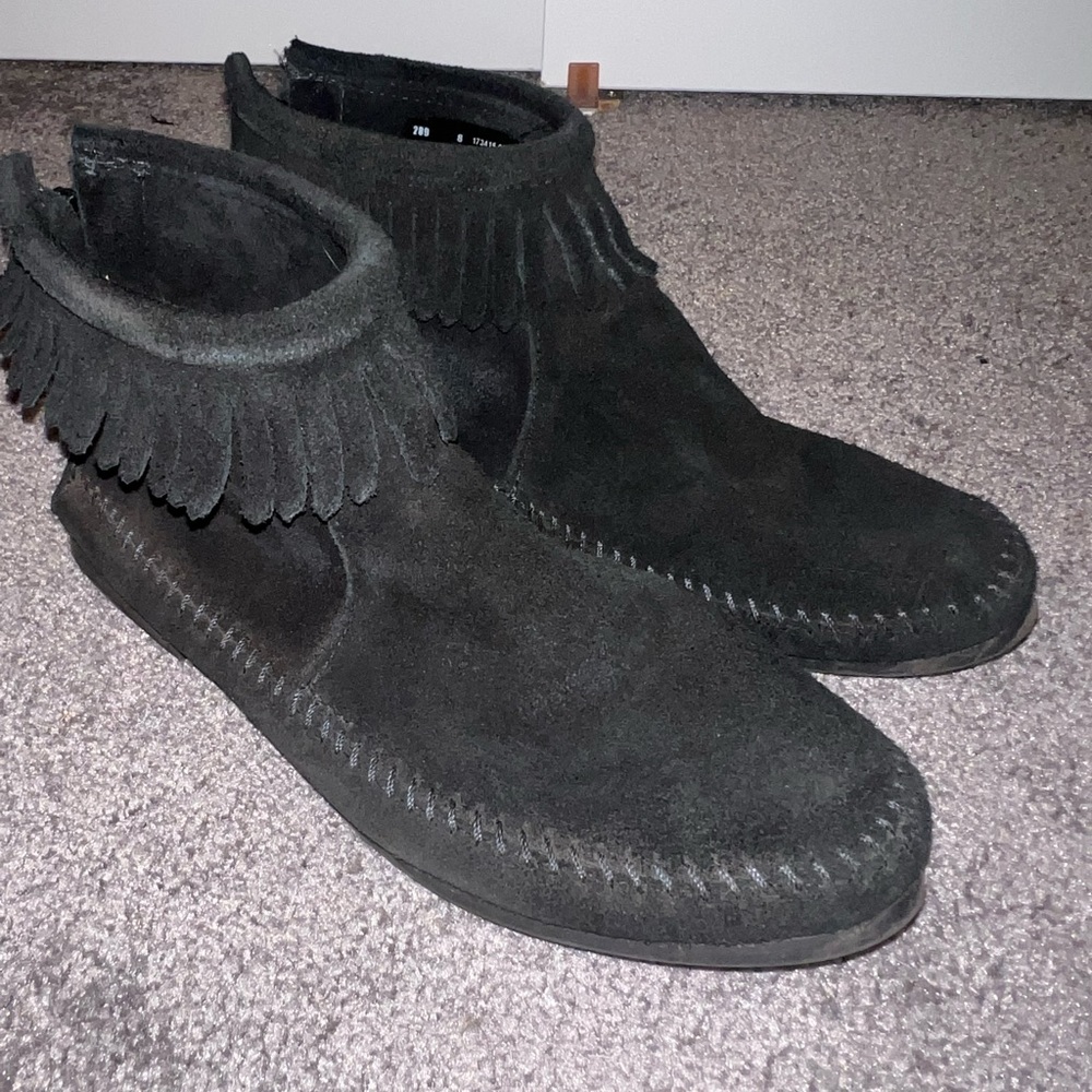 Minnetonka black fringe ankle booties boots